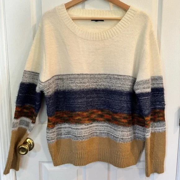 Fate Striped Colorblock Cozy Knit Sweater Cream Tan Navy XL - Picture 1 of 6